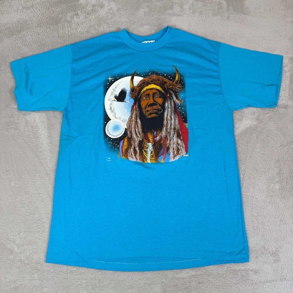 VTG 90s Native American Indian Tribal Moon Shirt Mens L Blue Flaws USA